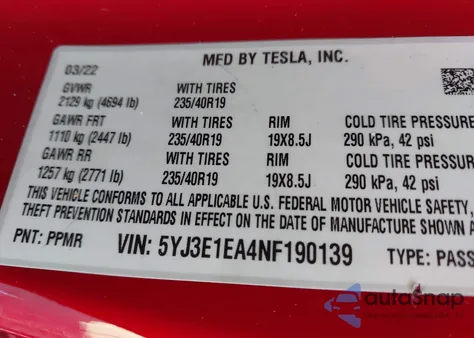 2022 Tesla Model 3 Rear-Wheel Drive from USA, damaged, VIN 5YJ3E1EA4NF190139